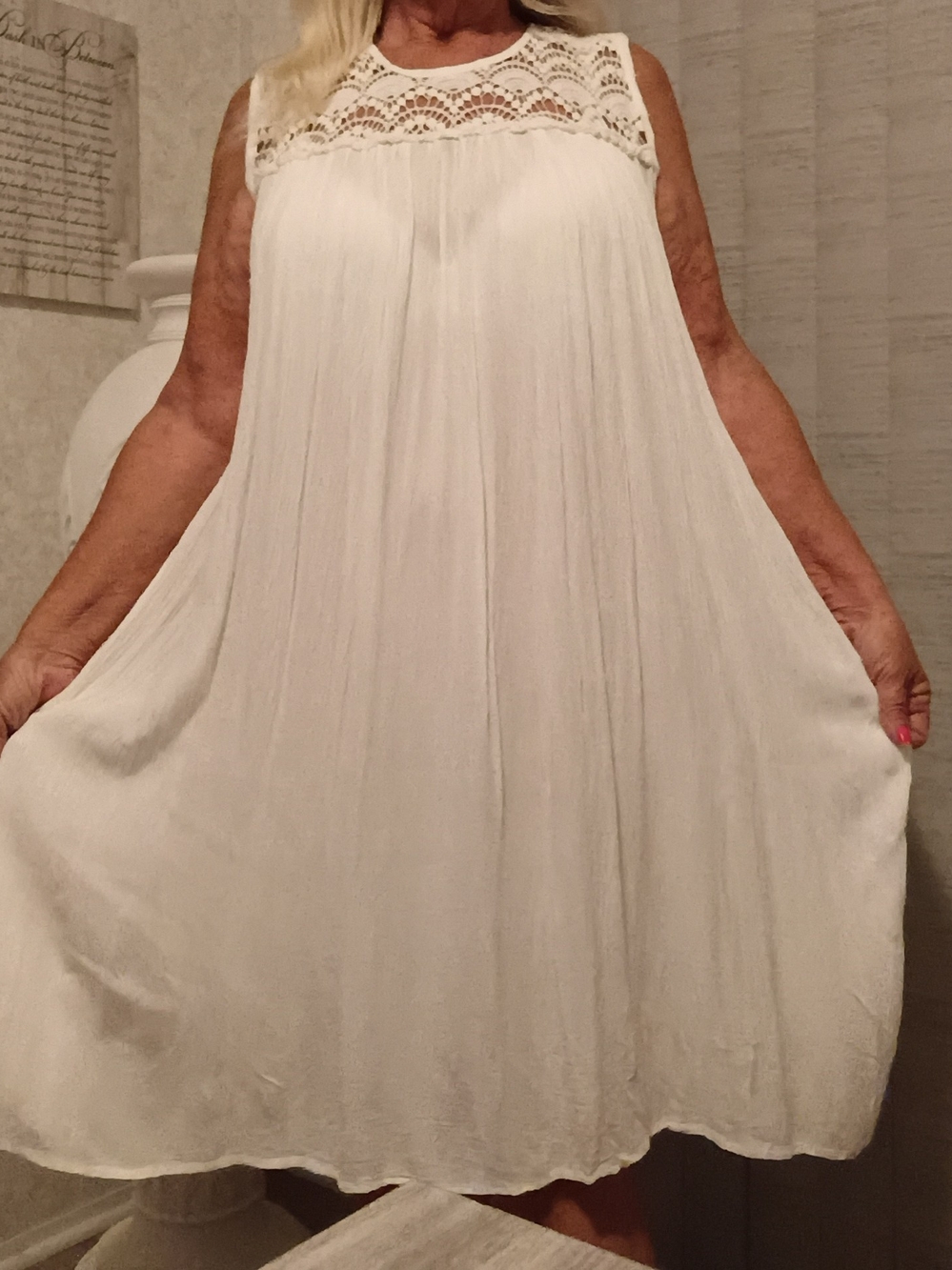 Sleeveless White Crochet Yoke Swing Dress